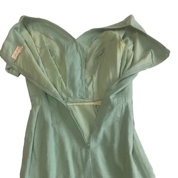 VINTAGE 1950s Josie‎ Shield Mint Green Shantung Fit & Flare Dress Midcentury S - Picture 8 of 15